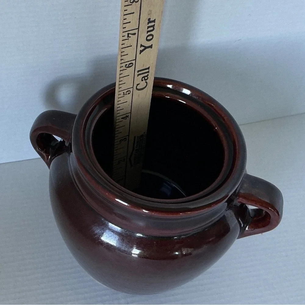 Vintage Ceramic Bean Pot Double Handle‎ Brown Stoneware USA Crock Small